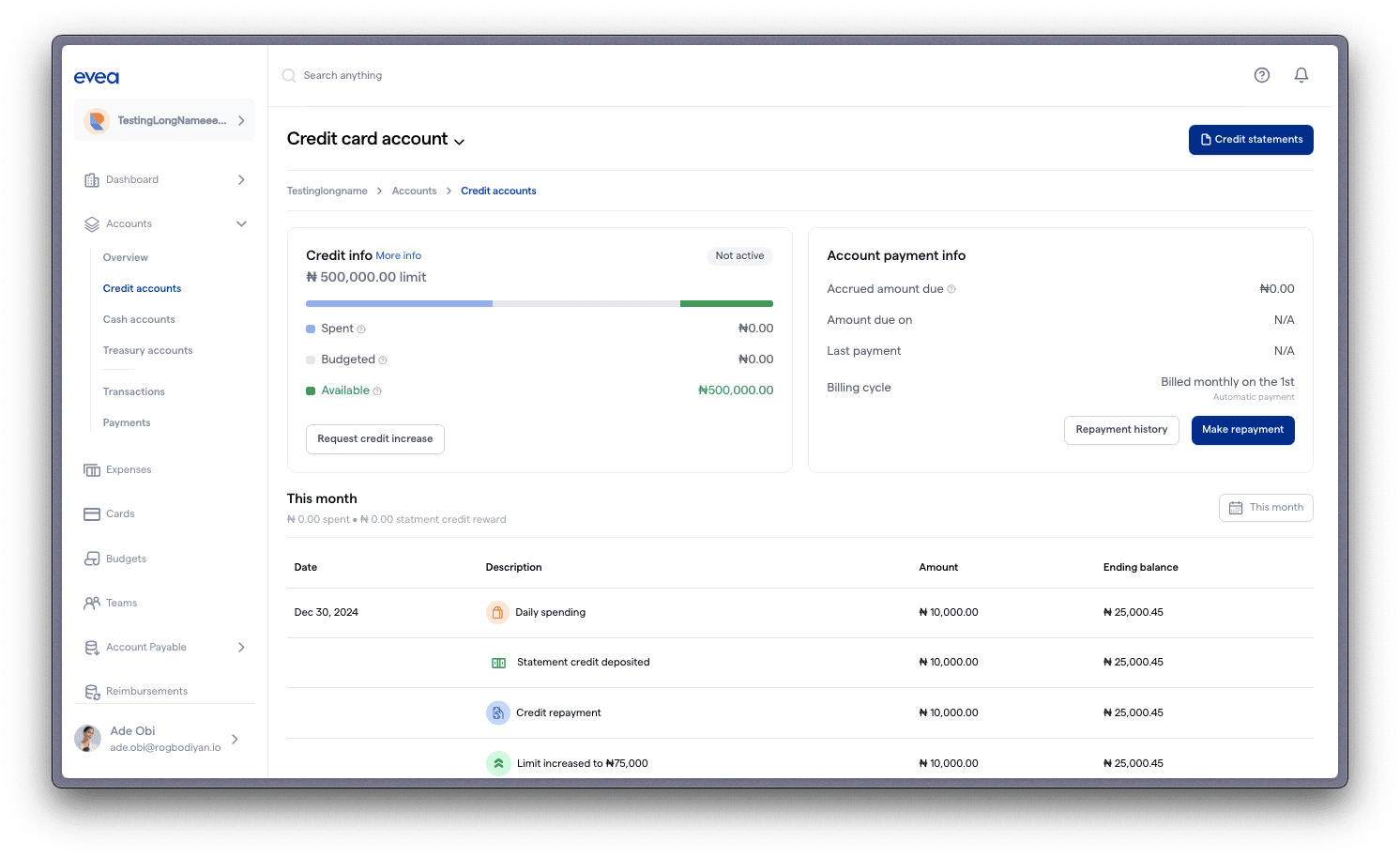 Credit Account Feature